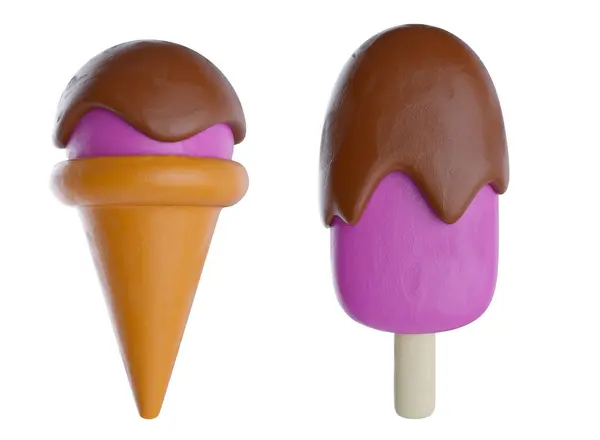 Set Ice Cream Chocolate Cartoon Cute Style Realistic Plasticine Clay — Stock Photo, Image