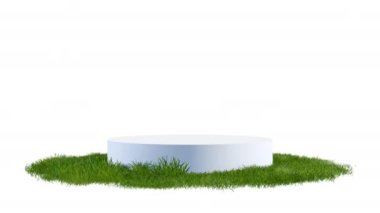 Yuvarlak sergi standı, podyum veya yüzey yamasında beyaz arka planda dönen yeşil çimlerle kaplı kaide. Sunum tasarımı için gerçekçi doğal bir unsur. 3d canlandırma.