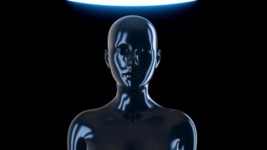 Siyah arka planda uçan neon halkaları olan soyut insan vücudu. Modern moda 3D animasyon. Yapay zekanın döngülü dijital konsepti. Yaratıcı gelecek eğilimli sanat kompozisyonu.