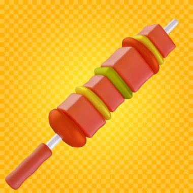 Şiş kebap, 3 boyutlu karikatür tarzı. Şeffaf arkaplanda sevimli gerçekçi yorumlayıcı unsuru izole edildi. Yumuşak plastik ya da kil çocuk oyuncağı. Vektör illüstrasyonu.
