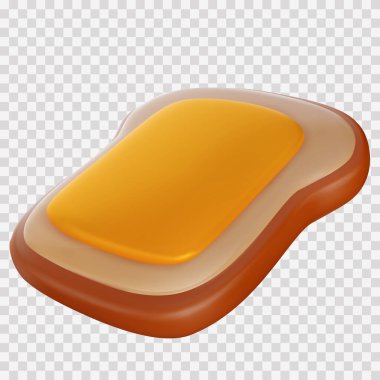 3D ekmek dilimi ve tereyağı gerçekçi bir şekilde. Tatlı çizgi film yemek elementi. Şeffaf arkaplanda izole edilmiş parlak vektör illüstrasyonu.