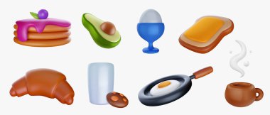 3D kahvaltı öğelerini en az sevimli modern tarzda hazırlar. Krep, avokado, yumurta, tost, sandviç, kruvasan, kurabiyeli süt, kahve, kızartma tavası. Parlak gerçekçi vektör illüstrasyonunu ayarla.