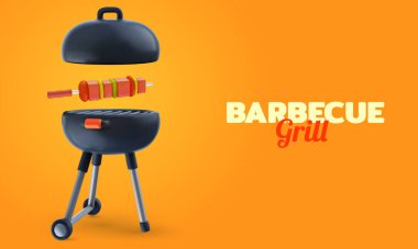 Barbekü partisi arkaplan kompozisyonu 3 boyutlu karikatür tarzında. Gıda elementli modern gerçekçi ızgara. Kapak afişi, poster, broşür için parlak yatay şablon. Vektör illüstrasyonu.