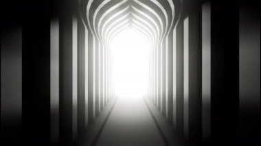 3D animasyon, camideki tünel, kemer koridorunda ilerliyor. Modern minimal biçimde gerçekçi bir Arap iç mimarisi. Döngüsel arkaplan.