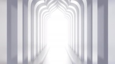 3D animasyon, camideki tünel, kemer koridorunda ilerliyor. Modern minimal biçimde gerçekçi bir Arap iç mimarisi. Döngüsel arkaplan.