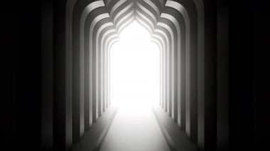 3D animasyon, camideki tünel, kemer koridorunda ilerliyor. Modern minimal biçimde gerçekçi bir Arap iç mimarisi. Döngüsel arkaplan.