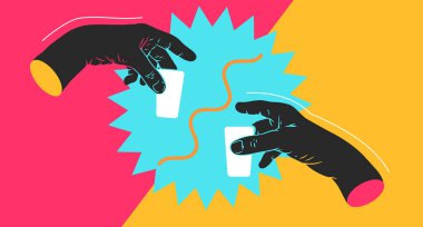 Kokteyl ya da alkolle bardağı tutan iki el. Tatil, festival ya da kutlama için soyut konsept sanat. Modern asgari vektör çizimi.