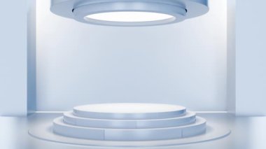 3D animasyon gösterisi podyumu, beyaz ve siyah versiyonda kaideyi göster. Sunum ürünleri için gerçekçi minimal vitrin odası.