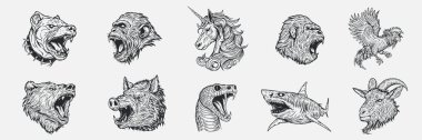 Köpek, maymun, tek boynuzlu at, horoz, ayı, domuz, yılan, köpekbalığı, elinde keçi resmi. Dövme, baskı ve damgalama için tek renkli siluet hayvanlar. Vektör illüstrasyonu.