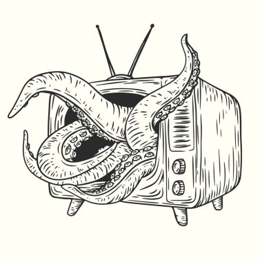 Ahtapot dokunaçları, el yapımı klasik monokrom tarzında televizyondan ortaya çıkar. Baskı veya dövme için yaratıcı retro vektör illüstrasyon canavarı.