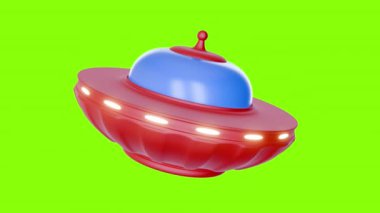 Uçan UFO dairesi yeşil ekran arka planında döndürüldü. Çizgi film komik uzaylı uzay gemisi gerçekçi renkli bir şekilde. Döngülü 3d canlandırma.