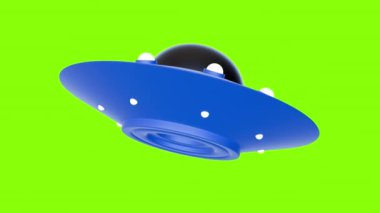 Uçan UFO dairesi yeşil ekran arka planında döndürüldü. Çizgi film komik uzaylı uzay gemisi gerçekçi renkli bir şekilde. Döngülü 3d canlandırma.