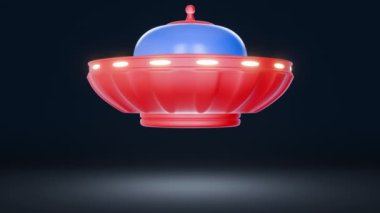 Siyah arka planda ışık huzmesi olan UFO uçan bir daire. Çizgi film komik uzaylı uzay gemisi gerçekçi renkli bir şekilde. 3d canlandırma.