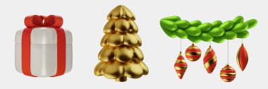 Vektör 3d noel ya da yeni yıl unsurları gerçekçi bir şekilde. Hediye kutusu, altın şenlik ağacı ve beyaz arka planda izole edilmiş oyuncakları olan bir dal. Tasarım markalaşması için dekorasyonu ayarla.