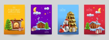 Kapak, davetiye, poster, afiş, ilan, pankart için arka plan ayarlayın. Markalaşma için minimal şablon tasarımı, kış yılbaşı kompozisyonu 3D gerçekçi. Vektör illüstrasyonu.