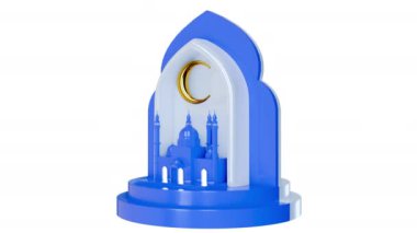 Ramazan Kareem kutlama konsepti tasarımı. Dönüşümlü mavi parlak podyum ya da camii, ay ve fener olan kaidesi koyu arkaplanda izole. Pankart için güzel bir İslami 3 boyutlu animasyon. Bayram Mübareği.