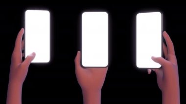 Akıllı telefon tutan eller ya da kadınlar. 3d animasyon modeli.