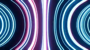 Fütürist enerji hatlarının soyut 3D animasyonu ya da hızlı hız hareketi parlak neon açık mavi ve kırmızı renk. Modern teknoloji renkli arkaplan.