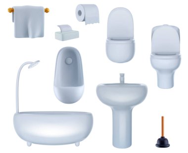 3 boyutlu tuvalet, banyo, lavabo, havlu, lavabo pompası, kağıt peçete. Banyo veya wc için ev dekorasyonunu ayarla.