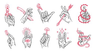 El çizimi kompozisyonunu siluet el ve kırmızı elementleri antika modaya uygun olarak ayarlayın. Eski moda dövmeler, afişler, çıkartmalar için tasarım sanatı. Vektör moda çizgi film illüstrasyonu.