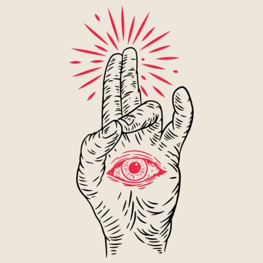 El yapımı, insan palmiyesi jesti ve eski usul ışınlı kırmızı göz. Eski okul dövmesi, afişi, çıkartması, baskısı için tasarım sanatı. Vektör moda çizgi film illüstrasyonu.
