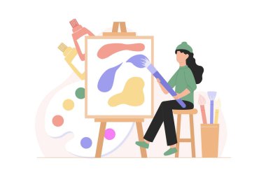 Kadın ressam tuvale resim yapıyor. Vektör Düz Çizim