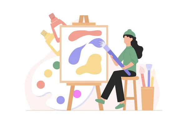 Kadın ressam tuvale resim yapıyor. Vektör Düz Çizim