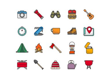 Macera renkli simge seti, kamp ekipmanı vektör illüstrasyonu