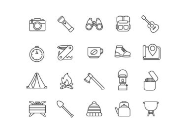 Macera simgesi koleksiyonu, açık hava ekipman vektör çizgisi çizimi çizimi