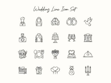 Düğün ikonları, yüzükler, çiçekler, pasta ve aşk sembolleri, düğün davetiyeleri, planlama ve romantik temalı projeler için mükemmel..