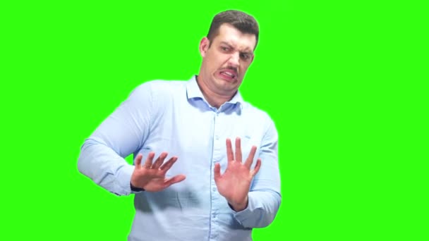 Uomo Con Baffi Camicia Blu Respingere Mostra Emozione Antipatia Filmati — Video Stock