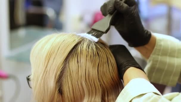 Zbliżenie Malowanie Blondynki Farbą Włosów Szczotką Farby Salonie Piękności Wysokiej — Wideo stockowe