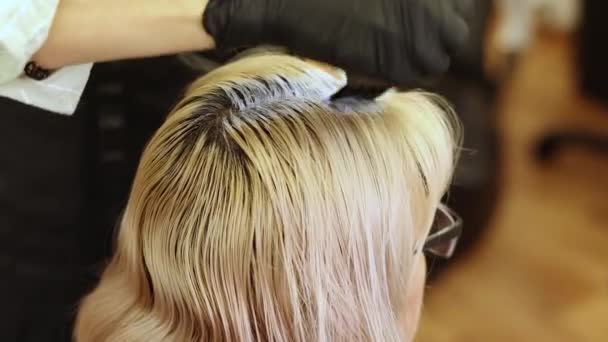 Zbliżenie Malowanie Blondynki Farbą Włosów Szczotką Farby Salonie Piękności Wysokiej — Wideo stockowe