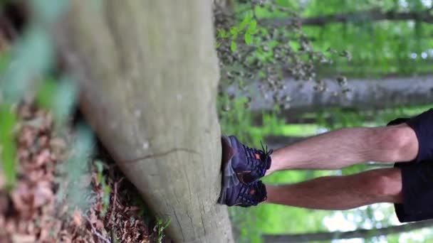 一个穿着黑色运动鞋的男人沿着倒下的树走的特写镜头 优质4K影片垂直录影 — 图库视频影像