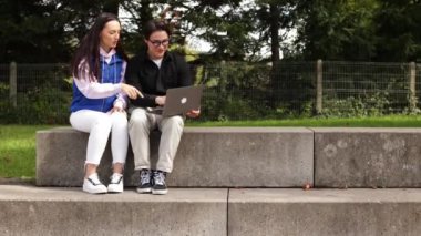 İki iş ortağı parkta bankta oturuyor. Genç adam ve kadın dizüstü bilgisayara bakıyor ve internetten bilet alıyor. Sonbahar tatili için alışveriş merkezini seçiyorlar. Yüksek kalite 4k görüntü