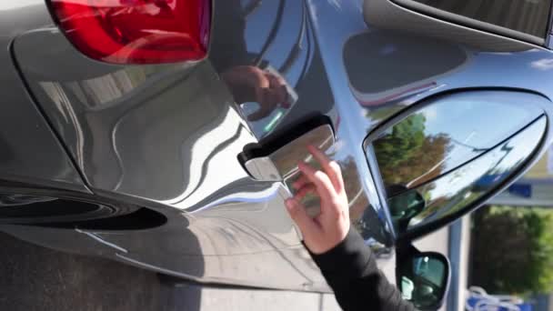 Vedere Laterală Capacului Deschidere Capacului Gaz Mașinii Pentru Pompa Benzină — Videoclip de stoc