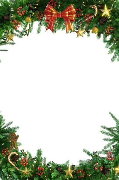 Illustration Rendering Weihnachtsdekoration Isoliert Urlaubsgrenze Rahmen Rote Stechpalme Auf Kiefernzweigen Stockbild