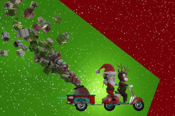 Εικονογράφηση Απόδοση Άγιος Βασίλης Και Ελάφια Βόλτα Σκούτερ Χριστούγεννα Διακοπές — Φωτογραφία Αρχείου