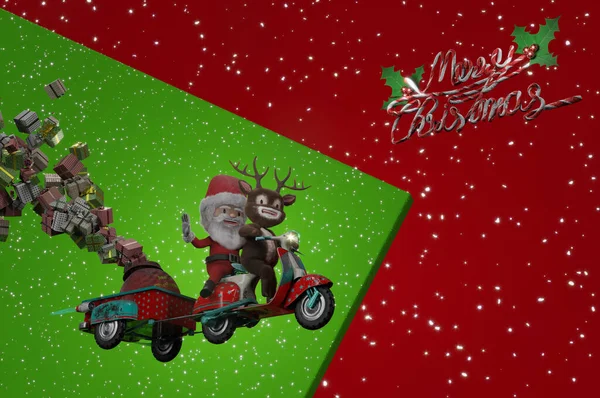 Ilustración Renderizado Santa Claus Ciervos Paseo Scooter Navidad Vacaciones Feliz — Foto de Stock
