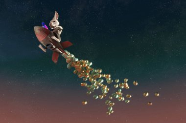 3D Illustration , Bunny Rocket Easter Design. Cute Rabbit flying to sky