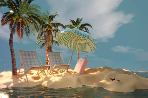 3d refreshing summer sale template. Composition of cute beach object and sand beach. Concept of island vacation.