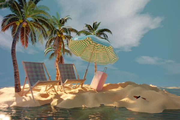 3Dさわやかな夏の販売テンプレート かわいいビーチオブジェクトと砂のビーチの組成 島の休暇の概念 — ストック写真