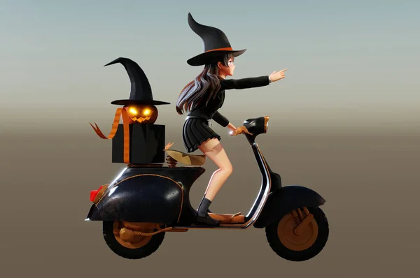 Häxa Med Jack Lyktor Ridning Scooter Halloween Concept Party Leverans — Stockfoto