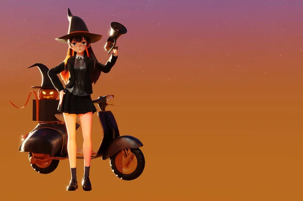 Witch Jack Lanterns Riding Scooter Halloween Concept Party Delivery Space — Stock Photo, Image