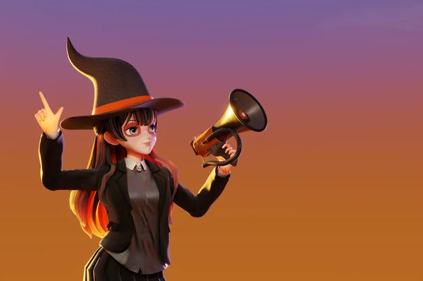 Illusztráció Aranyos Boszorkány Lány Kezében Egy Hangosbeszélővel Halloween Őszi Nyaralás — Stock Fotó
