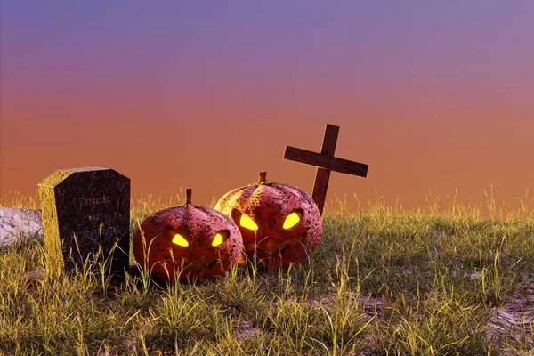 Bersinar Labu Halloween Antara Kuburan Kuburan Konsep Hari Libur Halloween — Stok Foto