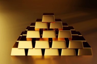 3D İllüstrasyon, Yaratıcı soyut iş başarısı, konsept finansal büyüme, bankacılık, muhasebe ve borsa, parlak altın külçeler yığını