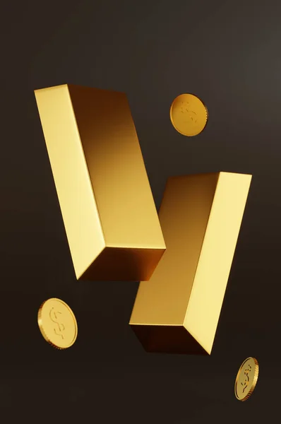 Két Aranyrúd Aranyérme Háttérben Banki Üzleti Koncepció Hely Szöveg Arany — Stock Fotó