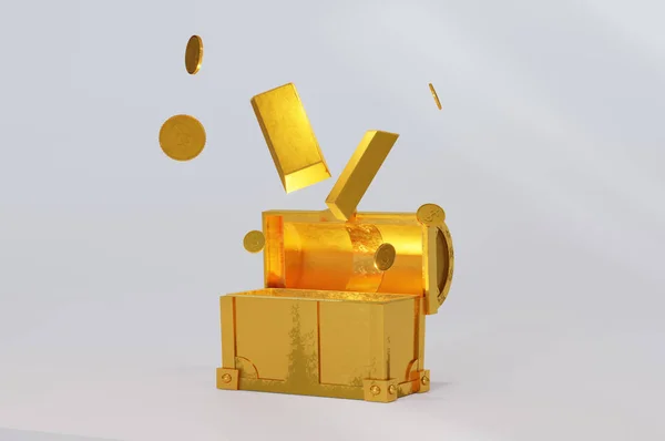 惊奇盒货币3D说明 财富和投资的概念 金银财宝盒的金锭和金币 Space Text — 图库照片