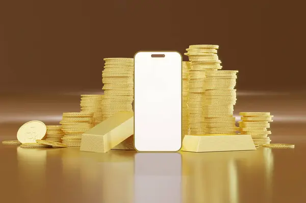 Llüstrasyon Yatırım Konsepti Altın Külçeli Akıllı Telefon Modeli Altın Sikke — Stok fotoğraf